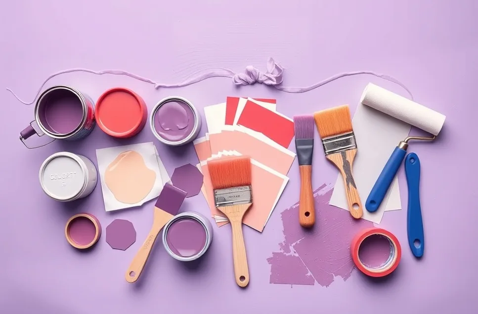 Pots de peinture, nuancier, brosses et rouleaux disposés à plat