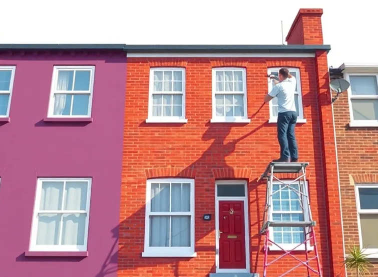 Peintre sur échafaudage traitant la façade d'une maison