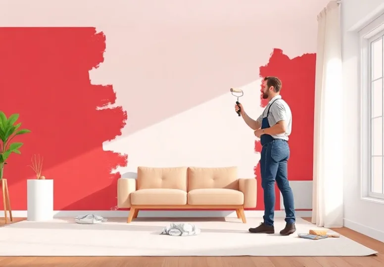 Peintre appliquant la peinture au rouleau sur un mur de salon